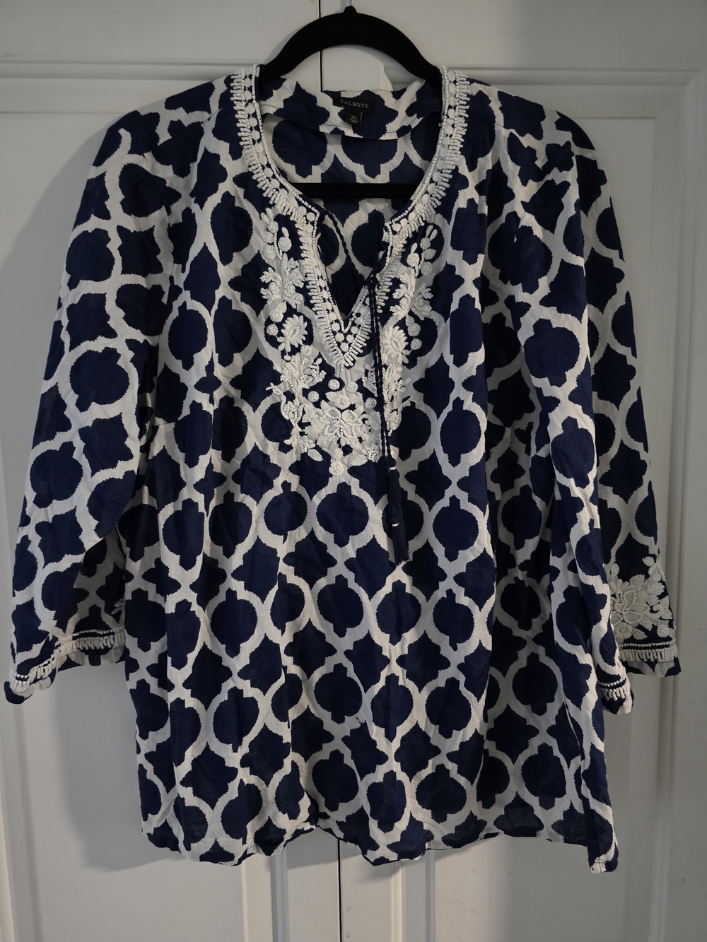 Navy & White Embroidered Tunic Top